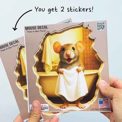 GRITKULTURE Removable Mouse Taking a Shower in Mouse Hole Decal Sticker 5.1inch 2 Pack. Mouse Hole in The Wall Sticker with 3D Effect. Wall Decoration, Funny Gift, Potty Training, Prank (#5)