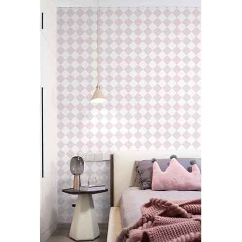 Safiyya Pink Wallpaper Geometric Checkered Peel and Stick Wallpaper Self Adhesive Removable Contact Paper Pink Check Wall Paper for Bedroom Nursery Room Cabinet 78.7"x 17.3"