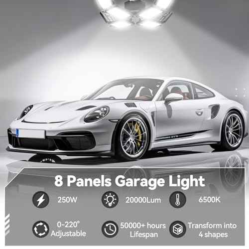 2 Pack Garage Light, 250W LED Shop Lights, 20000LM 6500K Garage Lights Ceiling Led with 8 Deformable Panels, Screw in E26/E27 Socket Bulb for Warehouse, Workshop, Basement, Barn, Storage Lighting