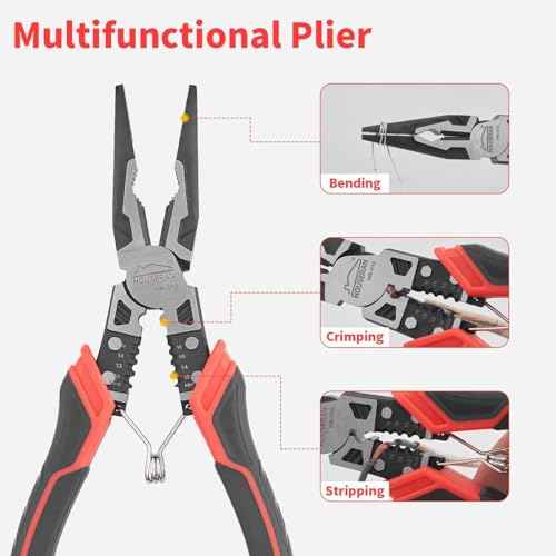 Needle Nose Pliers, HOUSERAN Long Needle Nose Pliers with Wire Stripper and Crimper, 8.3 Inch Long Nose Pliers, Spring Loaded with Safety Lock, 5-in-1 Needle Nose for Bending, Crimping, Stripping