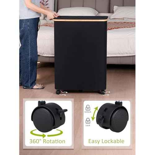 efluky Double Laundry Hamper with Wheels, Divided Laundry Hamper with Removable Bags, 2 Section Dirty Clothes Basket with Handles for Bathroom, Bedroom & Laundry Room, 160L Dark Black
