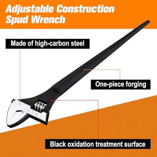 8-Inch Adjustable Spud Wrench Black Oxide Construction Wrench with SAE and Metric Scale Marked for Up to 30mm Nuts and Bolts, Alignment Holes and Tail Crowbar Features