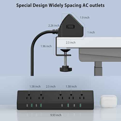 45W Fast Charging Station,Desk Clamp Power Strip,4 PD USB-C Ports,5 AC Outlets,Surge Protector Power Strip, 14AWG Heavy Duty Cord, Fits 1.9" Tabletop Edge (Black, 15 FT Cable)