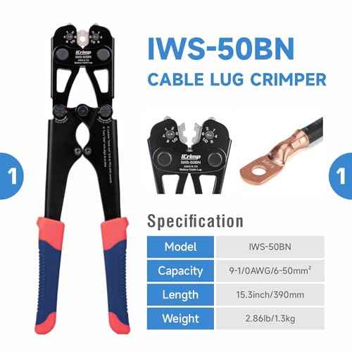 iCrimp IWS-50BN Battery Cable Terminal Crimping Tool Kit for 8, 6, 4, 2, 1, 1/0AWG Battery Cable Lugs, with Battery Cable Cutter and Wire Stripper