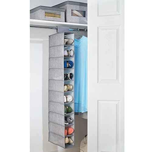 mDesign Fabric Over Rod Hanging Closet Storage Organizers, Includes a Wide 6-Shelf Sweater Organizer, and a Narrow 10-Shelf Shoe Rack - Textured Print - Set of 2 - Gray