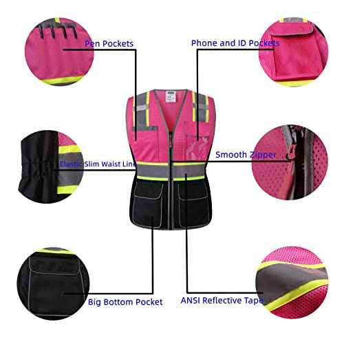 Women Safety Vest, Multi Pockets High Visibility Reflective Breathable Mesh Work Vest For Lady, Durable Zipper