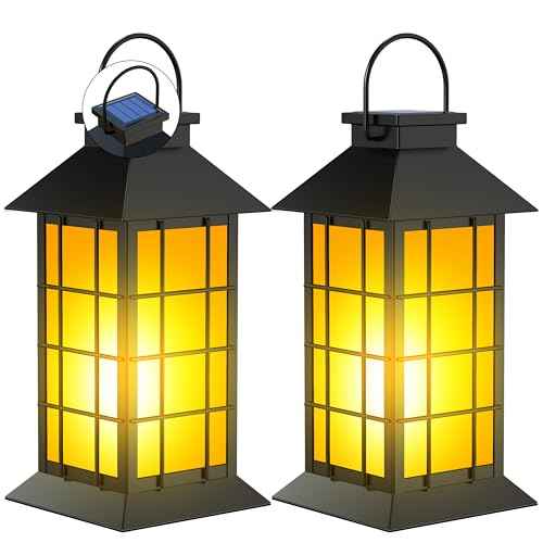 2 Pack 13" Black Solar Lantern with Flickering Flame Candle | Outdoor Waterproof Hanging Solar Lanterns, Metal & Glass Lights for Garden Decoration, Rustic Gifts for Mom