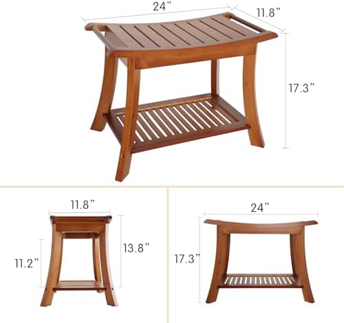 VVW Bamboo Shower Bench & Stool with Storage Shelf, Bath Benches for Inside Shower, Bathroom Stools 2-Tier Spa Seat for Adults Elderly (Walnut)