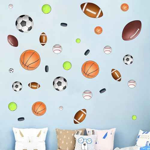 Basketball Football Sports Wall Stickers - Kids Baby Boys Wall Decals - Nursery Playroom Classroom Daycare Game Room Bedroom Home Wall Decor