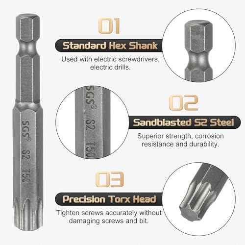 HARFINGTON 3pcs T50 Torx Head Screwdriver Bit 1/4" Hex Shank 2.6" (65mm) Long Magnetic No Hole Tip Tamper Proof 6 Point Star Screw Driver Drill Bits S2 Steel Industrial Power Screwdrivers