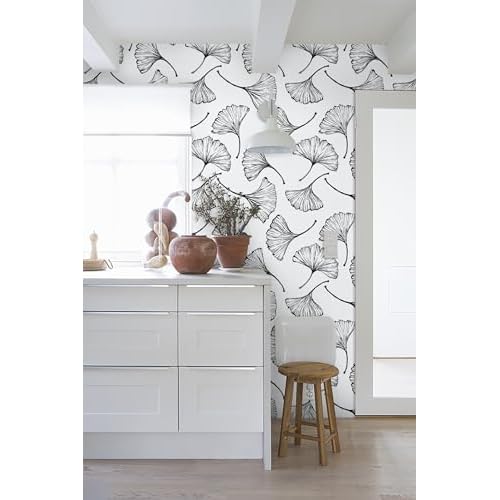 CiCiwind Black and White Peel and Stick Wallpaper Removable Self-Adhesive Wall Paper for Bedroom Bathroom Ginkgo Leaves Contact Paper Modern for Living Room 17.3In¡¿118In