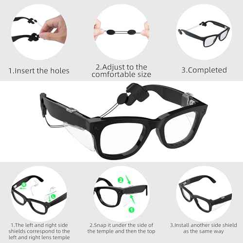 HiBloks Accessories for Ray-Ban Meta Glasses, Including 2 Clear Safty Side Shields and 1 Eyeglass No Tail Strap Adjustable Sunglasses Lanyard String Chain Anti-Slip Set for Wayfarer/Skyler/Headliner