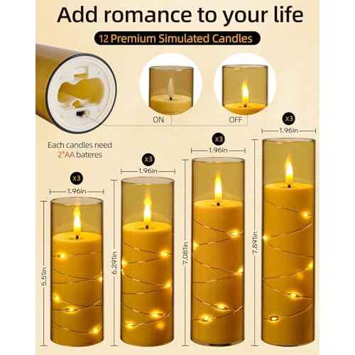 Da by Flameless Candles with Recessed String Light, Battery Operated Candles, Acrylic LED Pillar Candles with Remote Control and Timer, Golden, Set of 12