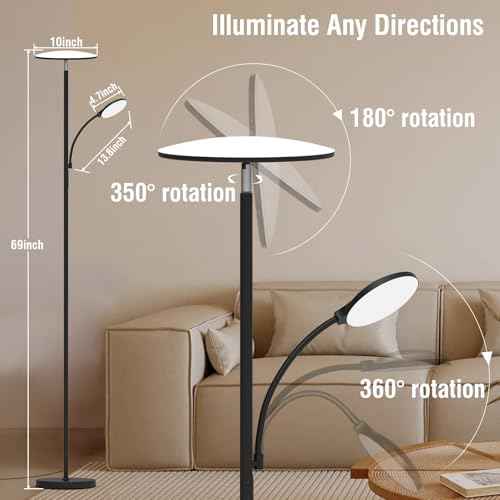 Floor Lamp, 2025 Upgraded 42W 4500LM Super Bright LED Floor Lamp with Rotatable Reading Light, Touch Remote Control & Memory Function, Stepless Dimmable Standing Lamp for Living Room Bedroom, Black