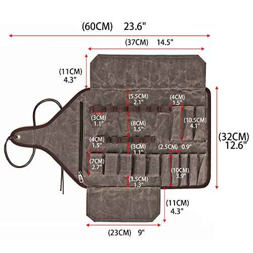 TOURBON Waxed Canvas Tool Roll Up Bag, 25-Pocket Wood Carving Chisel Carrying Case, Multi-Purpose Tool Pouch with Zipped Compartments