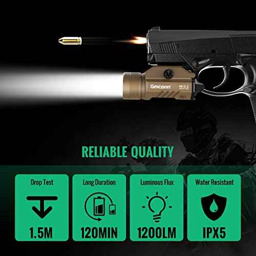 Gmconn 1200 Lumens Rail Mounted Compact Pistol Light LED Strobe Tactical Gun Flashlight Weaponlight for Picatinny MIL-STD-1913 and Glock Pistol Weapon Light with 2 x CR123A Lithium Batteries