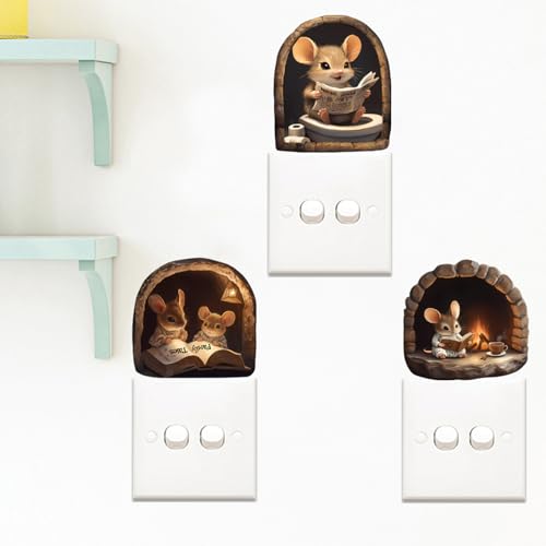 3PCS 3D Mouse Hole Wall Decals Peel and Stick ? Cute Cartoon Mice Reading and Relaxing, Decorative Vinyl Wall Stickers for Kids Room, Bedroom, Nursery, Book Nook, Door Corner or Baseboard Decor