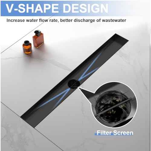 24-Inch Linear Shower Drain with Tile Insert Grate, SUS 304 Stainless Steel Linear Drain, Matte Black Long Rectangle Shower Floor Drain with Leveling Feet, Hair Strainer, Fits Bathroom