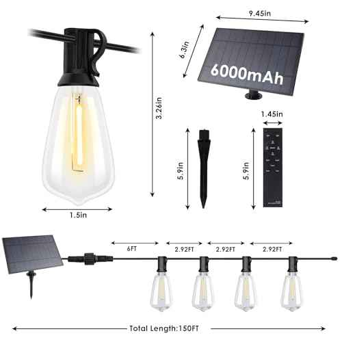 VUAA 150FT Solar Outdoor String Lights Waterproof, Solar Powered Patio Lights with 52 Shatterproof ST38 Edison Bulbs & Remote Control,LED Dimmable Solar String Lights for Outside