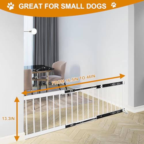 White Metal Dog Gate for Small Dogs - 13.3" Short Freestanding Puppy Gate with Retractable Sliding Rail, No Installation, Indoor/Outdoor Use, Foldable & Portable Pet Barrier