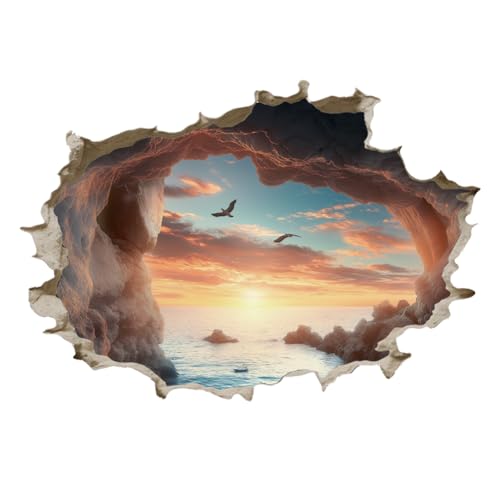 SUPERDANT 3D Cave by The Sea Wall Stickers 3D Broken Wall Decal Cave Seascape Peel and Stick Vinyl Art Decor Seaside Mural for Bedroom Living Room Nursery Bathroom Housewarming Gift