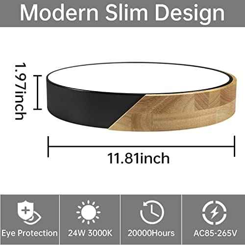 Led Ceiling Light Flush Mount: 12 Inch 24W Bedroom Light Fixture with Round Wood Modern Black Flat Overhead Ceiling Lamps for Kitchen Hallway Laundry Warm White 3000K, Not Dimmable - 2 Pack