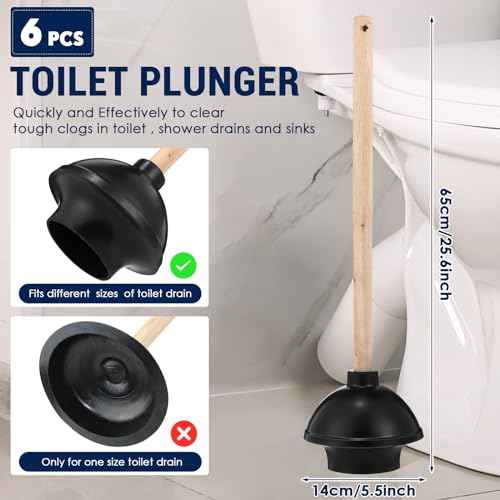 Dandat 6 Pcs Rubber Toilet Plunger with Double Thrust Force Suction Cup Long Wooden Handle Toilet Bowl Plunger Heavy Duty Pump Clogged Solution for Bathroom Stores Restaurants, Black