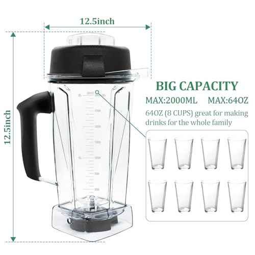 For Vitamix Blender Pitcher 64 oz. -60865, Clear, 5200 Replacement Container for Vitamix 4500,5000,5300,6000,6300,6500,7500,200,300,500,750,780,VM0102,VM0103, etc. 2-year full warranty