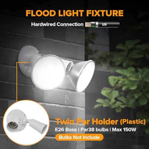 LUTEC 6 Pack Adjustable Twin Par Holder Outdoor Flood Lights, Switch Controlled Security Lights, Floodlights Fixture, Waterproof Exterior Max 300 Watt Par38 Flood Light for Garage, Yard, Porch-White