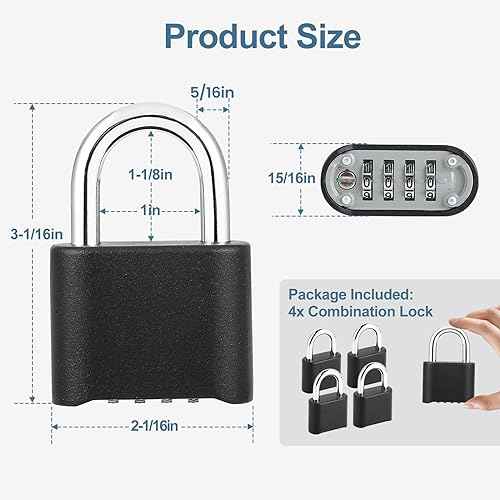 DELSWIN Heavy-Duty Combination Padlock Locker Lock - 4 Digit Combination Lock with Hardened Steel Shackle, Weatherproof Combo Lock for Outdoor, School Gym Locker, Fence, Shed, Gate, Trailer (4 Pack)