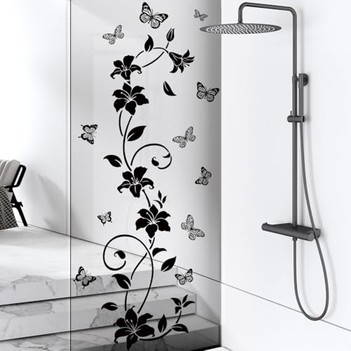 SHUCHING Black Flower Vine Butterfly Wall Decals Peel and Stick, Vinyl Simplicity Floral Wall Sticker, Wall Decor Art Home Decoration for Bedroom Living Room Office