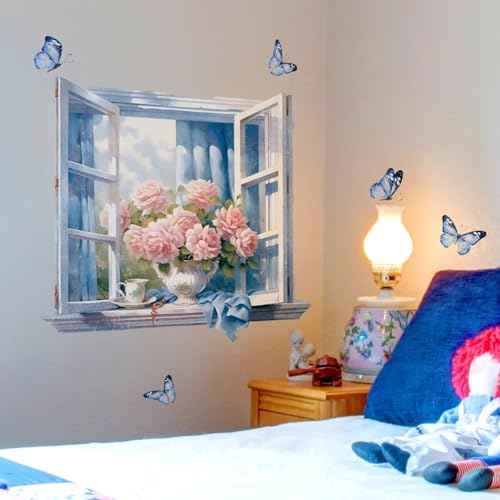 Fake Window Wall Decals - Peel and Stick Flower & Butterflies Vinyl Wall Sticker Murals for Living Room Bedroom Office Wall Decor 20.47"x22.44"