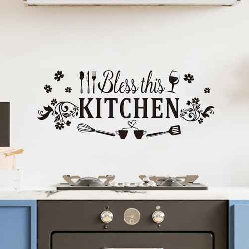 Family Quotes Wall Stickers for Kitchen: Inspirational Home Vinyl Art Wall Decals for Dining Room Living Room Pantry - Bless This Kitchen 23" X 9"