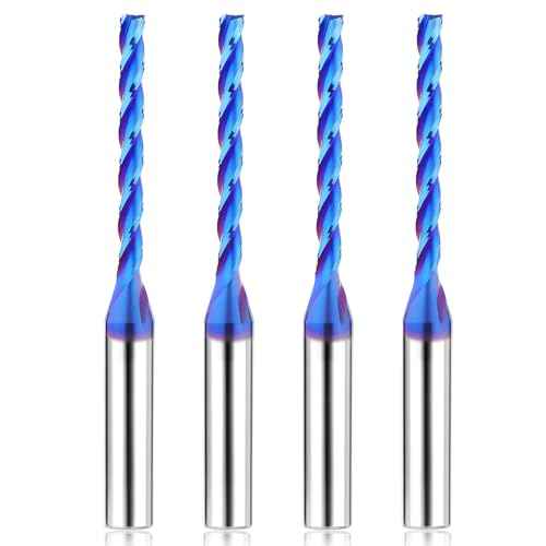 1/8 inch Extra Long CNC Router Bits 1/4 inch Shank 1/8'' Cutting Dia Spiral Upcut CNC Bits, 4PCS 3-Flutes Carbide End Mills with Coating Spiral Router Bits for Wood PVC Engraving