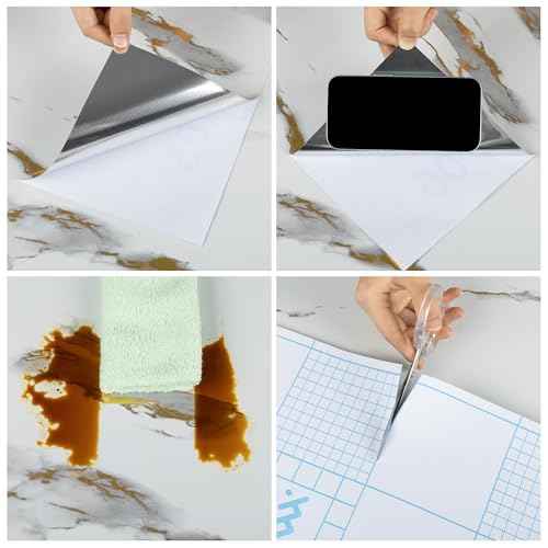 TANONE White Marble Contact Paper for Countertops Waterproof Wallpaper Peel and Stick for Cabinets Removable Matte Gold White Marble Vinyl Wrap for Kitchen Bathroom Counter 17.8"x 118"