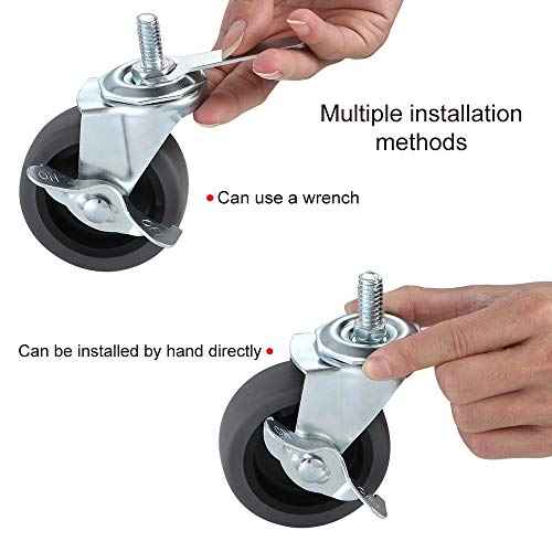 Caster Wheels, 3" Locking Swivel Stem Casters Set with Brake of 16, 3/8"-16 x 1 (Screw Diameter 3/8", Length 1") Rubber Casters with 360 Degree No Noise Wheels