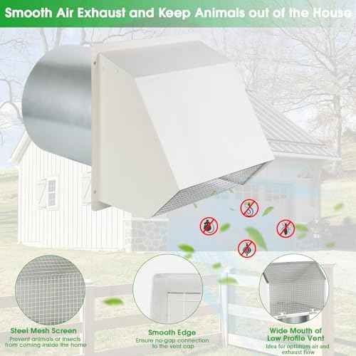 4 Inch Dryer Vent Cover Outside Hooded Wall Vent with Screen and Damper, Exhaust Vent Wall Mount Exterior Wall Vents Cover Cap for Dryer Ventilation&Outdoor Air Exhaust,Galvanized Steel,White