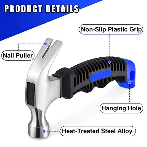 8 Pieces Small Hammer 12 Ounce Mini Hammer for Kids Women Men, Lightweight Melt Claw Hammers Bulk with Hardware Nails for Hanging Pictures Crafts Tent Kit (Blue and Black)