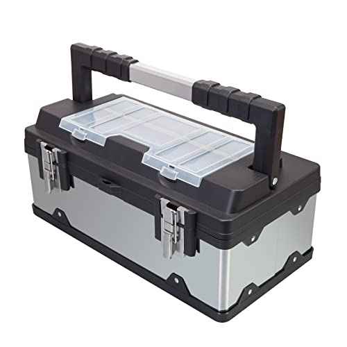 Torin 19-Inch Tool Box Storage Organizer Stainless Steel&Plastic Portable Toolbox with Long Handle and Removable Tray for Home Garage Workshop,A5519BB