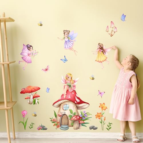 Supzone Mushroom House Fairy Wall Decals Elf Flowers Butterflies Wall Stickers Peel and Stick Vinyl Wall Art Decor for Girls Baby Nursery Bedroom Living Room