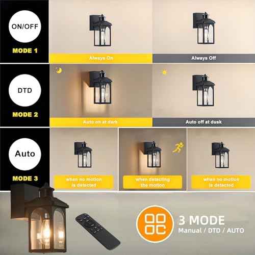 Porch Light with GFCI Outlet: Motion Sensor Porch Lights Outdoor with Remote Control Dusk to Dawn Exterior Lighting Fixtures Black Modern Outdoor Wall Lights for House Garage Patio Front Door