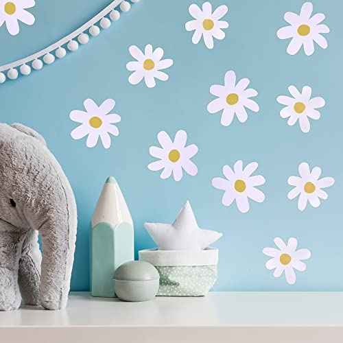 Bremorou 36PCS Retro White Daisy Flower Wall Stickers, Waterproof & Reusable Vinyl Wall Floral Decals for Kids Nursery, Bedroom, Classroom, Office Decor