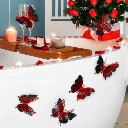 3D Butterfly Wall Decor Summer Party Rose Butterfly Sticker Decoration 3.85x4.6 inche Red Black Double Deck Removable Sticker for Birthday Holiday Party Decoration-6pcs