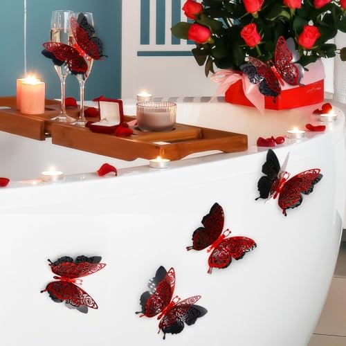 3D Butterfly Wall Decor Valentine's Rose Butterfly Sticker Decoration 3.85x4.6 inche Red Black Double Deck Removable Sticker for Birthday Holiday Party Decoration-6pcs