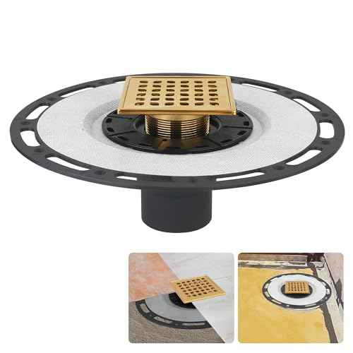 Square Shower Drain, 4-Inch Polished Gold Kit with Bonding Flange, Removable Stainless Steel Grate, Drain Key & Hair Strainer, Fits 2" & 3" Pipes for Tiled Floors