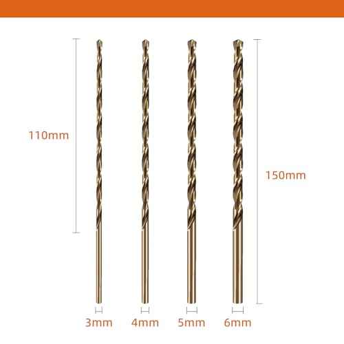 150mm Long Drill Bits Set, Diameter 3mm 4mm 5mm 6mm, 4pcs HSS Cobalt Drill Bits, for Hard Metal, Stainless Steel, Cast Iron, Copper, Aluminum, PVC, Plastic, Wood
