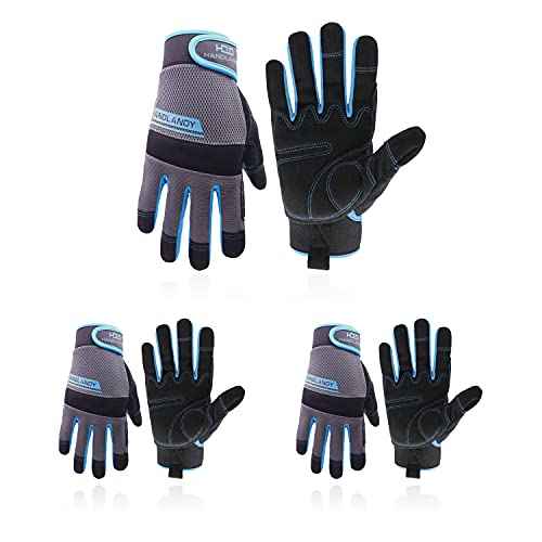HANDLANDY Work Gloves Mens & Women, Utility Safety Mechanic Working Gloves Touch Screen, Flexible Breathable Yard Work Gloves (Large, 3 pairs Grey)