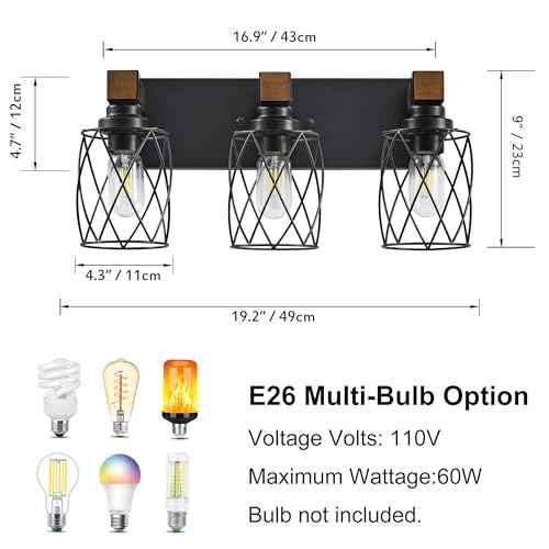Farmhouse Bathroom Vanity Light, 3-Light Wood Bathroom Light Fixtures Over Mirror, Black Industrial Vanity Lights with Metal Shade, Rustic Bathrooms Lighting for Living Room, Bedroom, Hallway