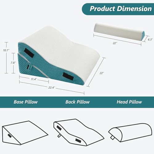 Bed Wedge Pillow Set for Sleeping 3 PCS - 22.5" Wide Triangle Pillow for Back Leg Pain Relief with Washable Cover - 35D Foam Wedge Pillow Post Surgery for Acid Reflux & Snoring (White Blue)
