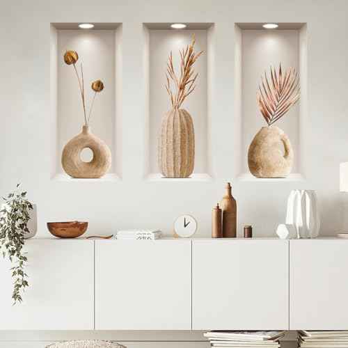 3D Dried Flower Vase Wall Stickers, 3Pcs Rustic Blossom PVC Wall Decals, Removable 3D Floral Wall Art for Living Room, Bedroom, Entryway, Sofa Backdrop, Yoga Studio, Office, Home Decor